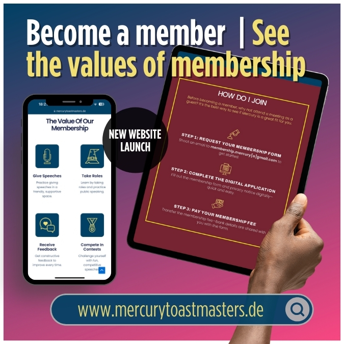 Tablet and smartphone display the membership values and joining steps for Mercury Toastmasters Berlin.